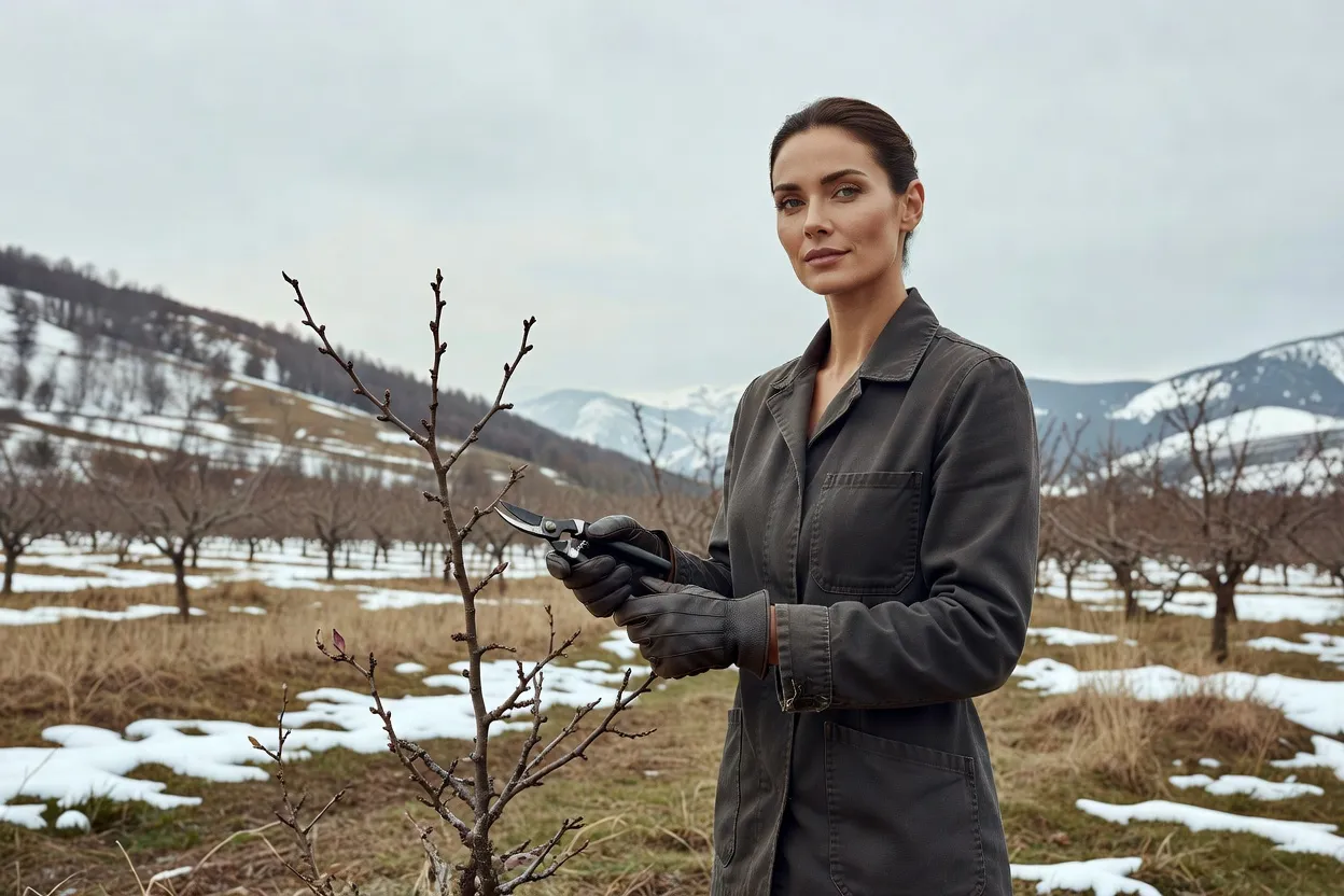 Femme en gants et veste sobre taillant un arbuste à petits fruits dans un verger de montagne en fin d'hiver