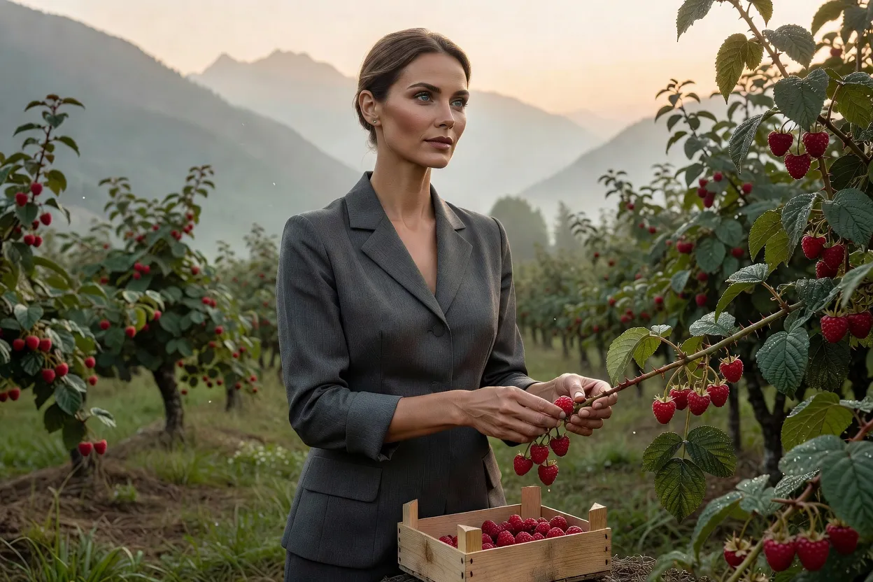 Une femme en veste sobre cueille des framboises à la main dans un rang d'un verger de moyenne montagne, en lumière douce