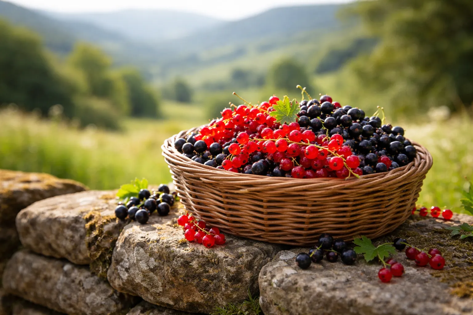 Grappes de groseilles rouges et de cassis noirs posées dans un panier en osier sur un muret de pierre