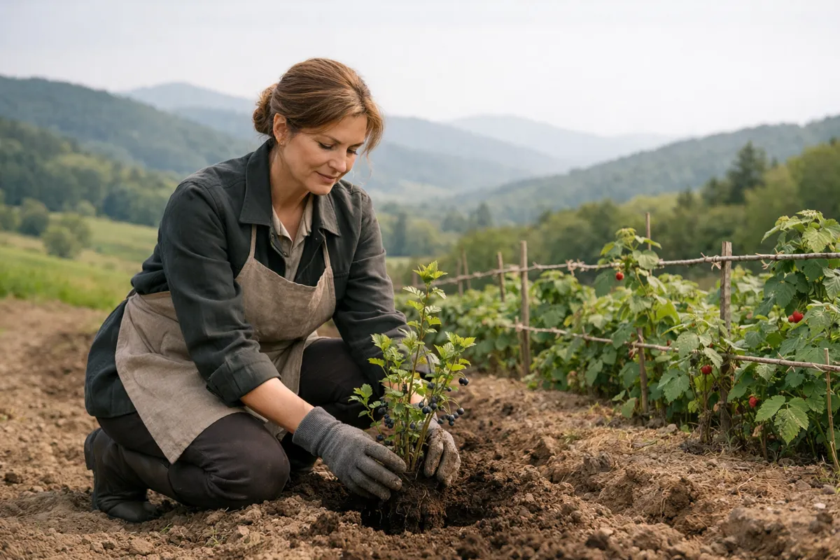 Femme élégante plantant un jeune cassissier dans une terre préparée, près d'une rangée de petits fruits