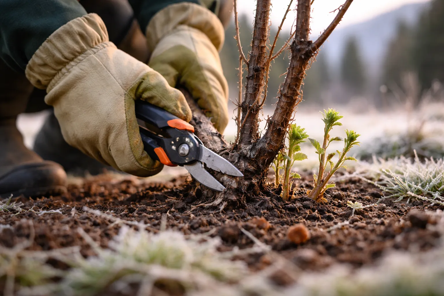 Gros plan de mains taillant une vieille branche de cassissier au ras du sol dans un jardin d'hiver