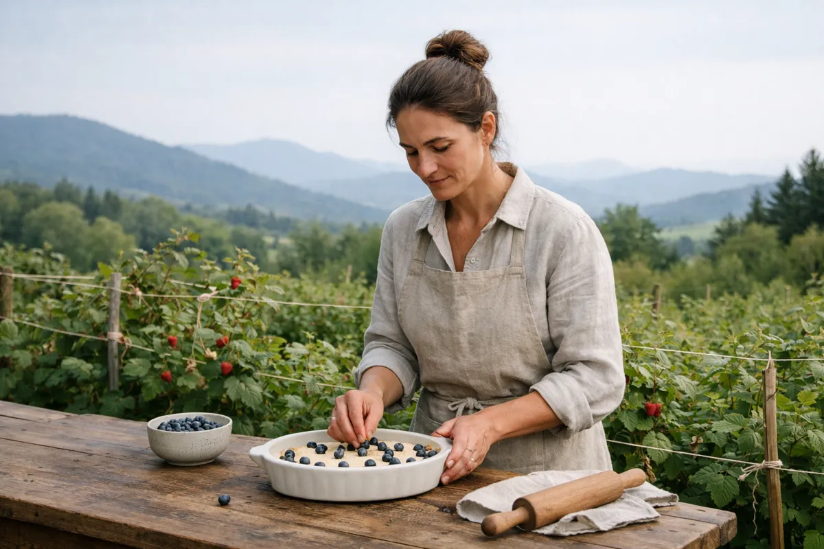 Femme élégante répartissant des myrtilles dans un plat à gratin avant cuisson