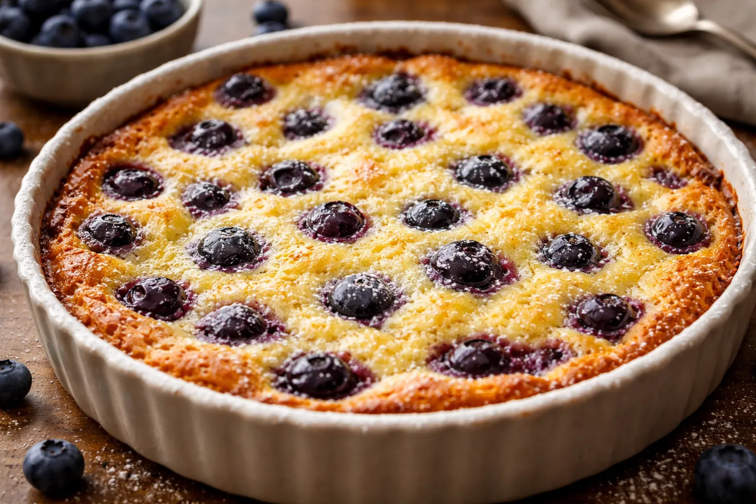Gros plan d'un clafoutis aux myrtilles doré dans un plat en céramique