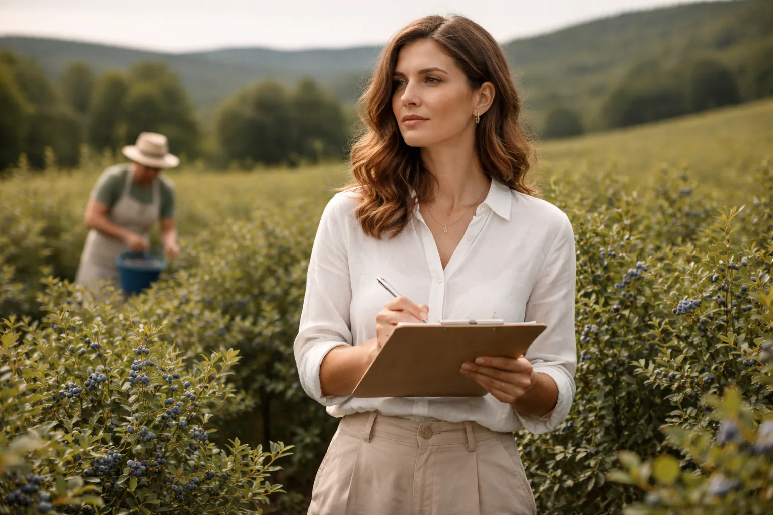 Femme élégante en tenue sobre avec un carnet de notes devant une cueilleuse et des rangs de myrtilliers en plein été