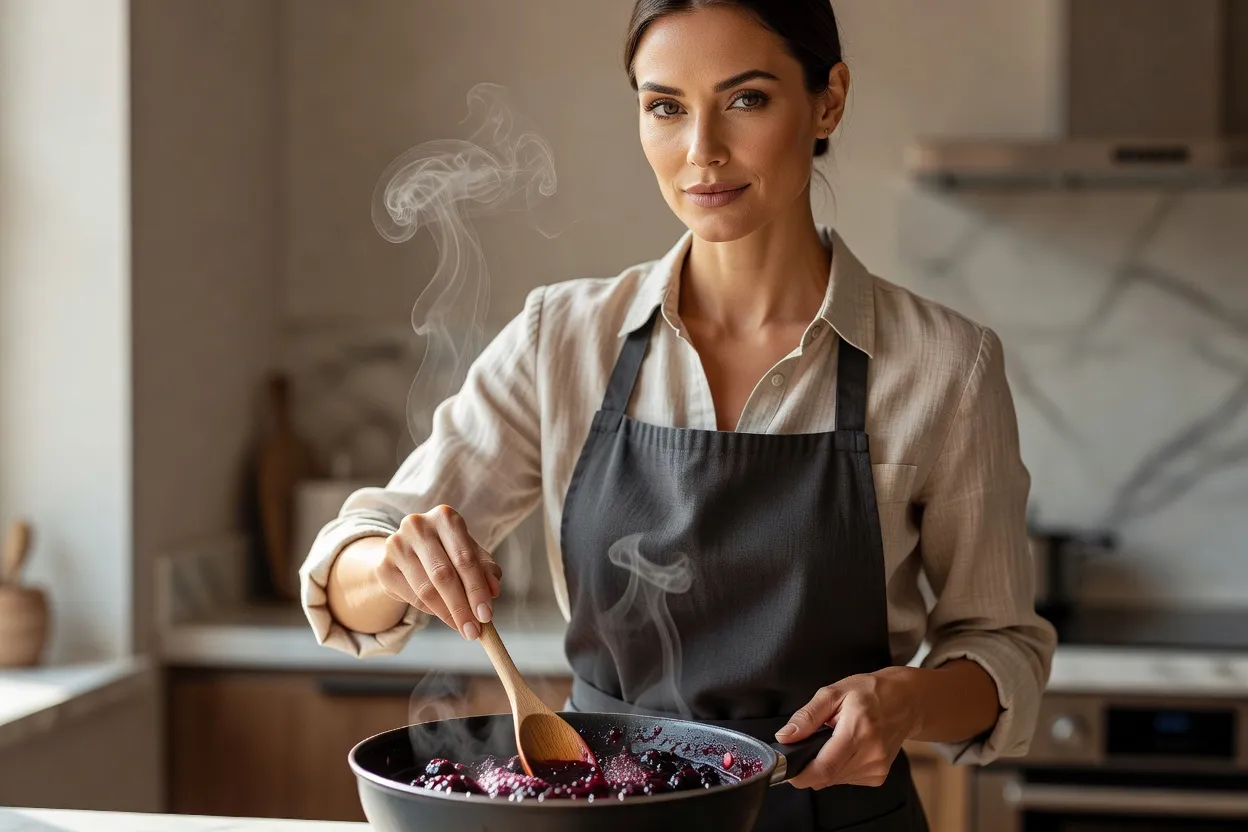Femme élégante remuant une bassine de confiture de myrtilles avec une cuillère en bois
