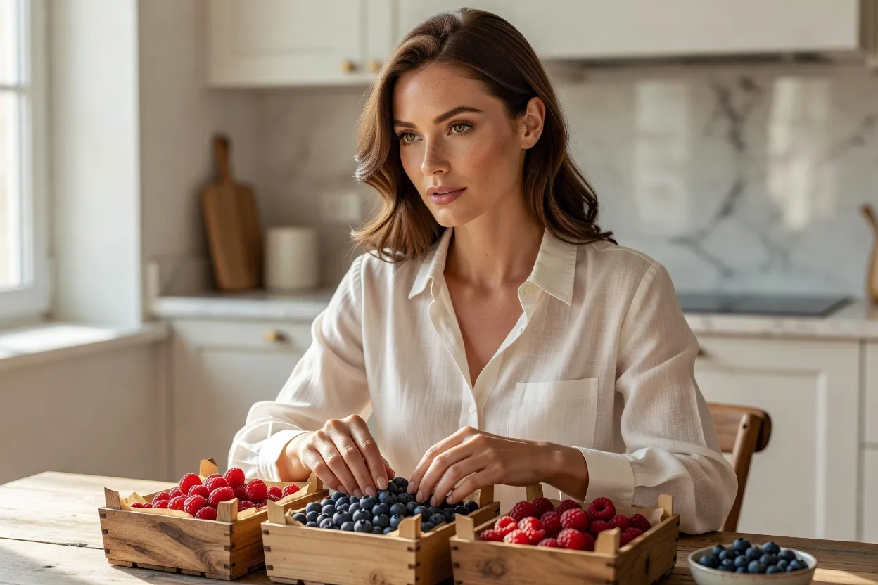 Femme élégante triant des myrtilles et des framboises dans des boîtes peu profondes sur une table de cuisine lumineuse