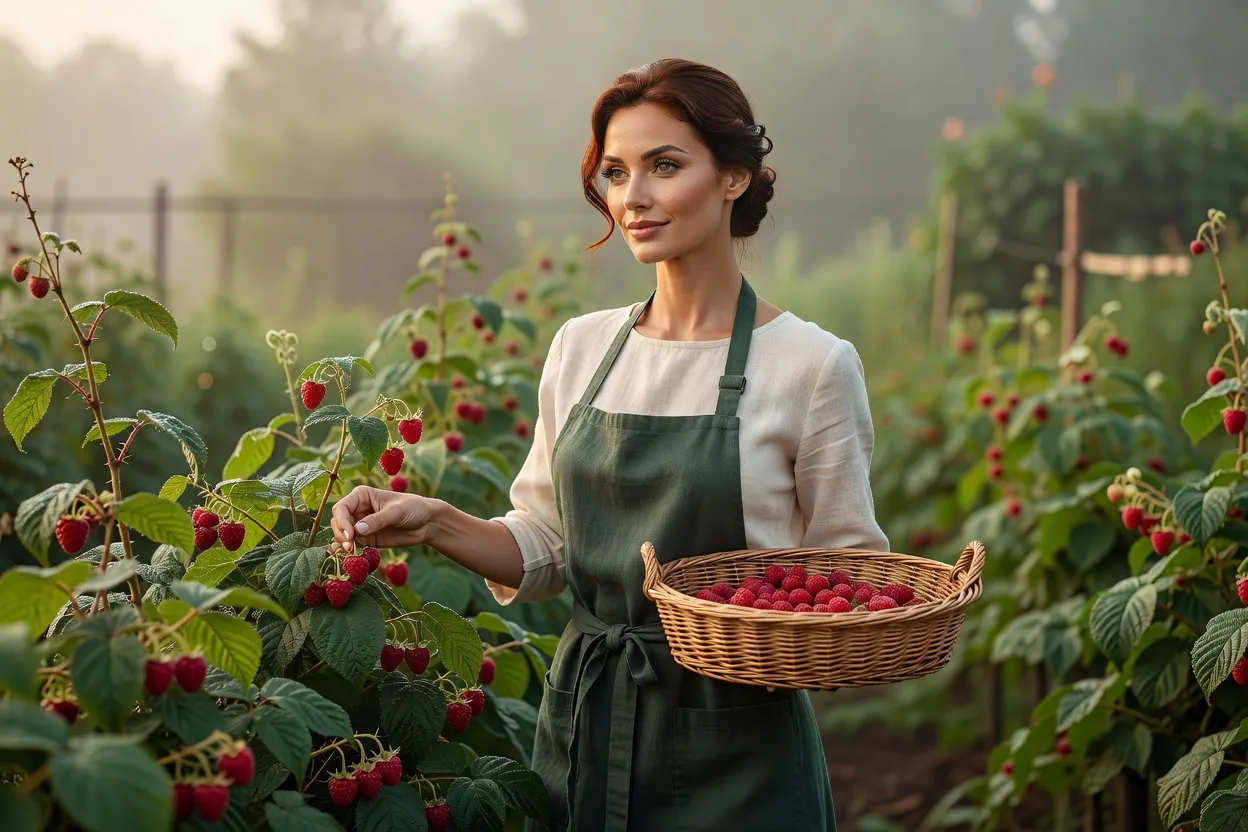 Une femme en tenue sobre cueille des framboises dans un rang, un petit panier plat au bras