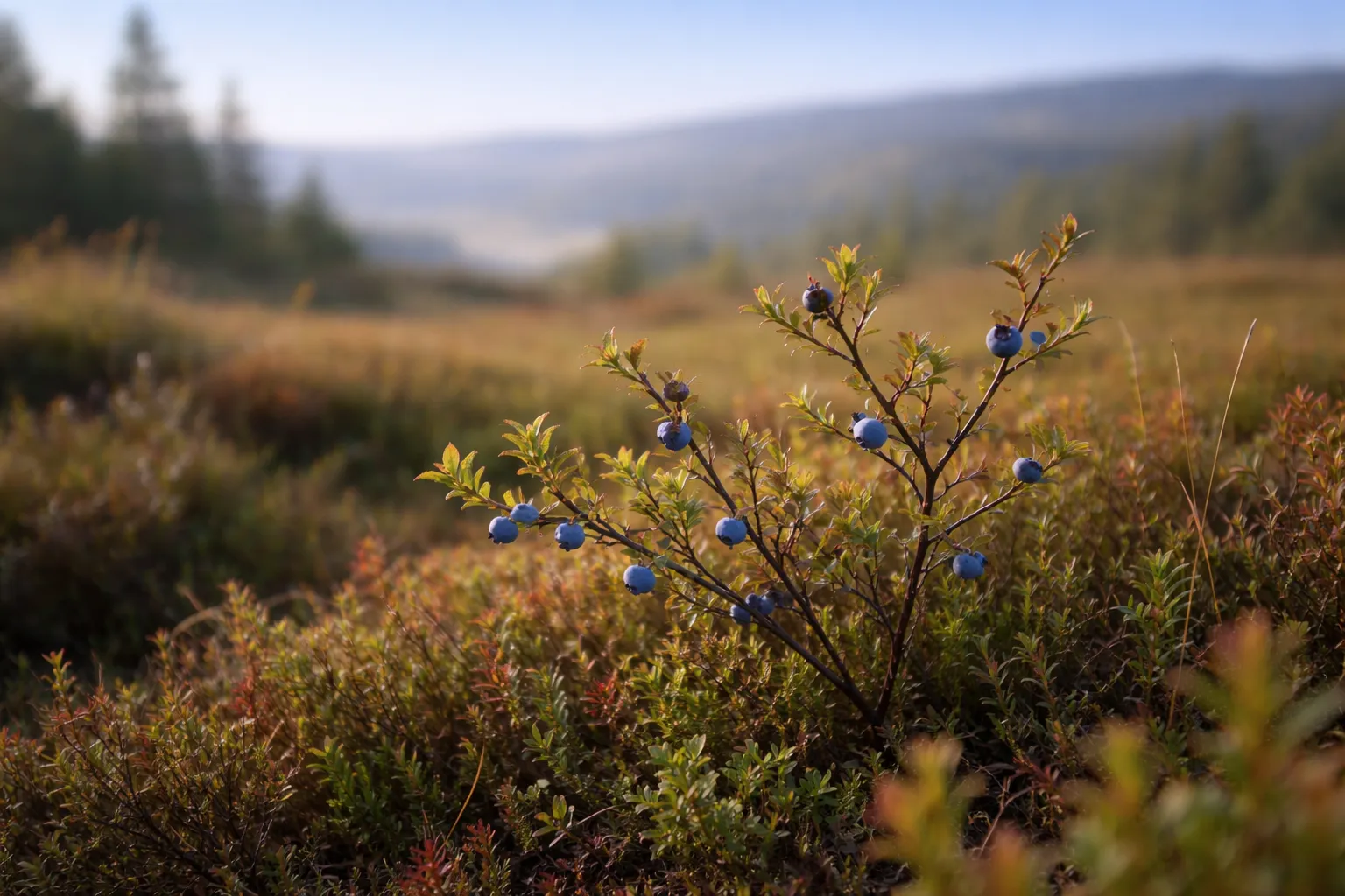 Myrtilles petites et éparses sur un plant bas, lande et collines douces en arrière-plan