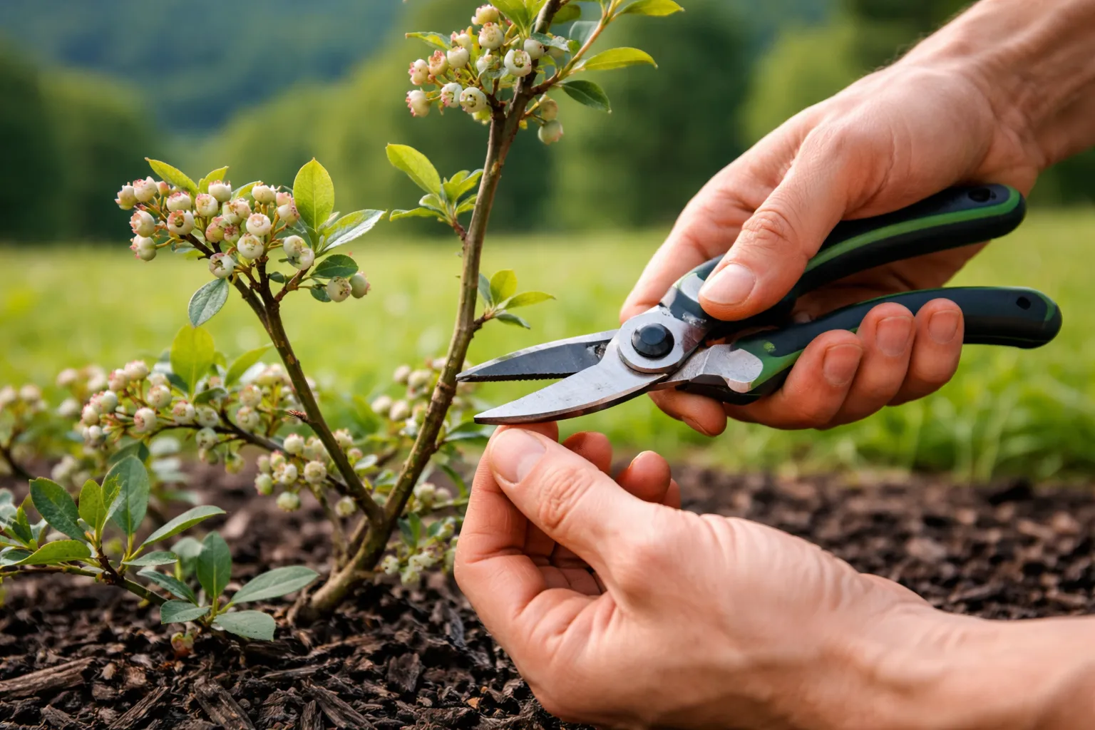 Gros plan de mains taillant avec précaution un rameau de myrtillier au-dessus d'un paillage dans un jardin de moyenne montagne