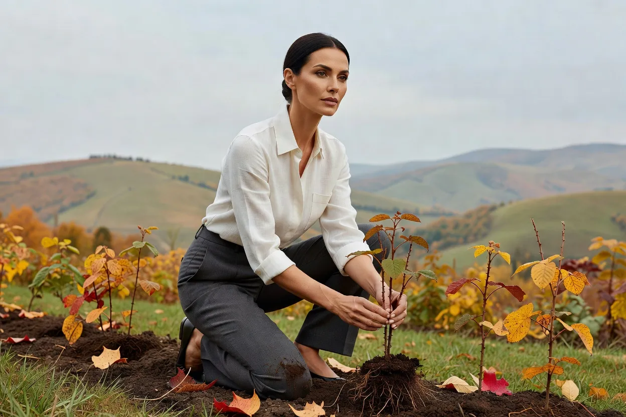 Femme élégante en chemise claire plantant de jeunes framboisiers à l'automne, dans une allée de verger de moyenne montagne