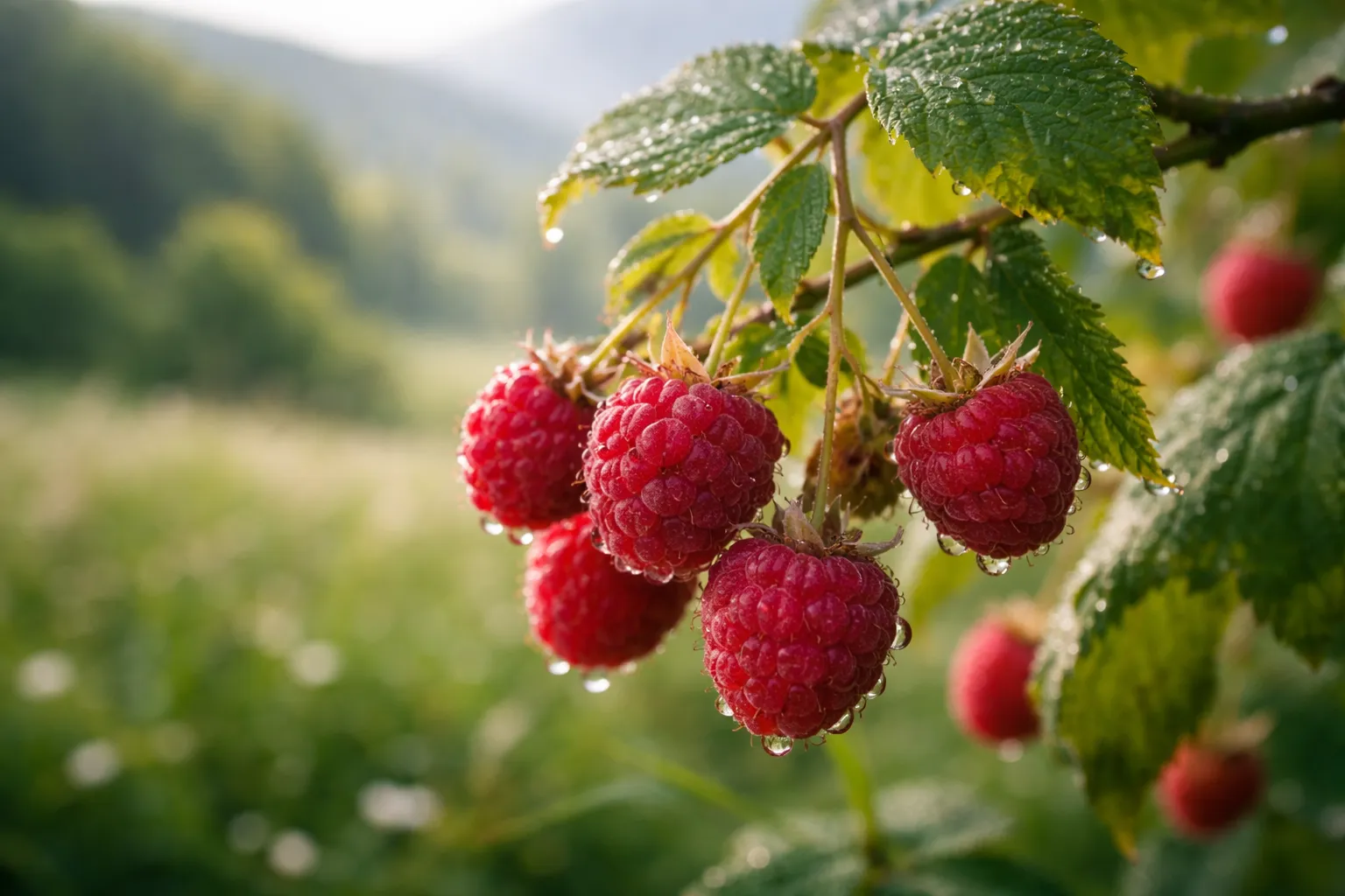 Framboises rouges mûres sur une canne feuillue, gouttes de rosée du matin, prairie de moyenne montagne en arrière-plan flou