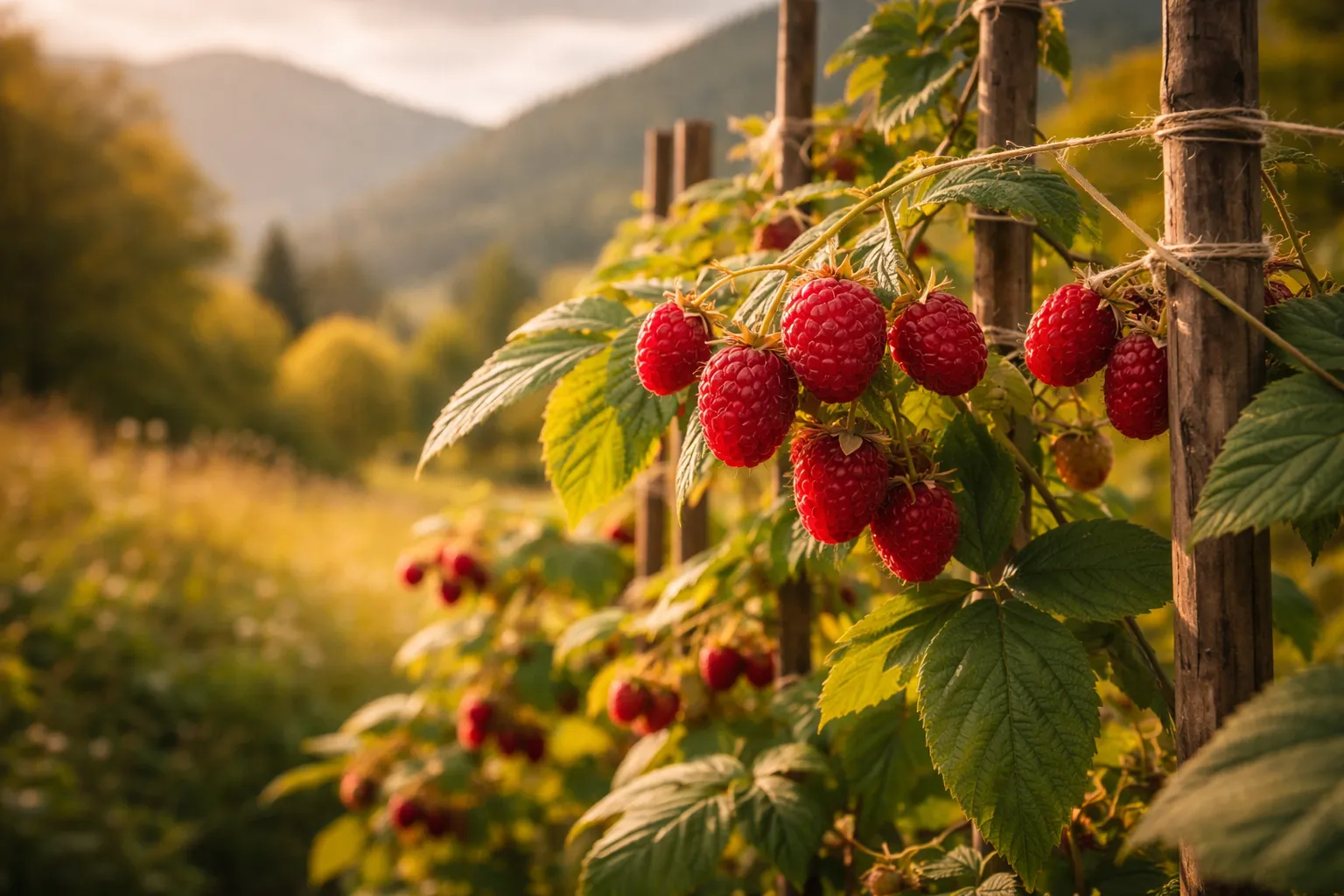 Gros plan de framboises rouges mûres et de jeunes cannes palissées dans une lumière d'automne