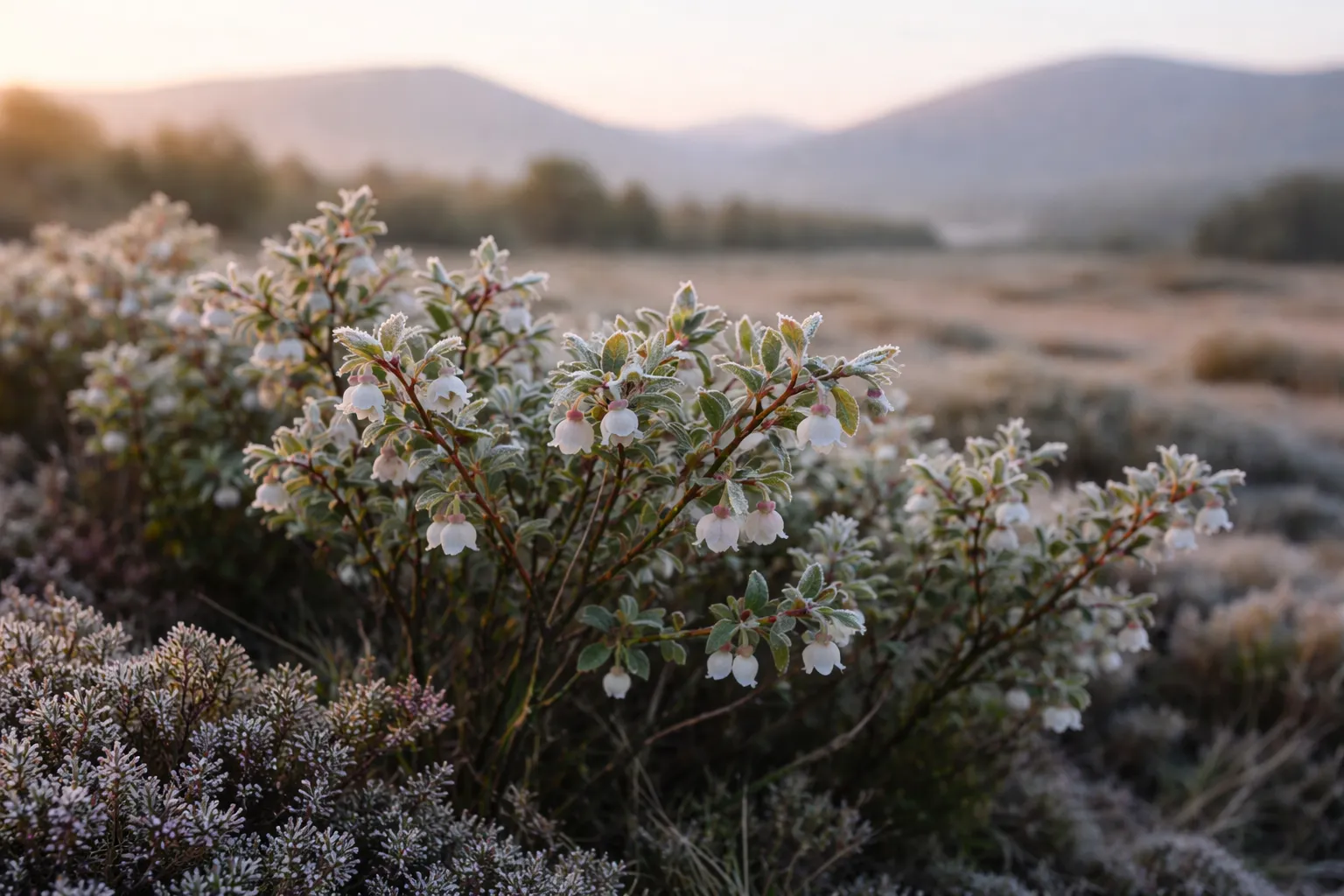Rang de myrtilliers en fleurs couvert de givre léger à l'aube sur un plateau de moyenne montagne