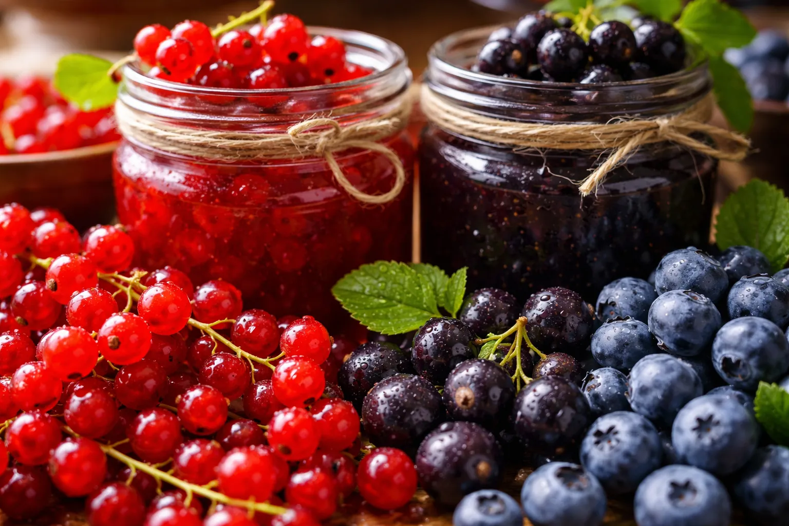 Gros plan sur des groseilles, des cassis et des myrtilles disposés près de pots de gelée et de confiture