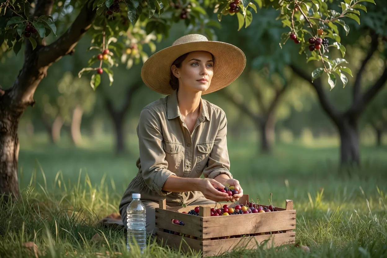 Une femme élégante en tenue sobre remplit une cagette de petits fruits à la fin d'une matinée de cueillette, chapeau de paille et bouteille d'eau à côté