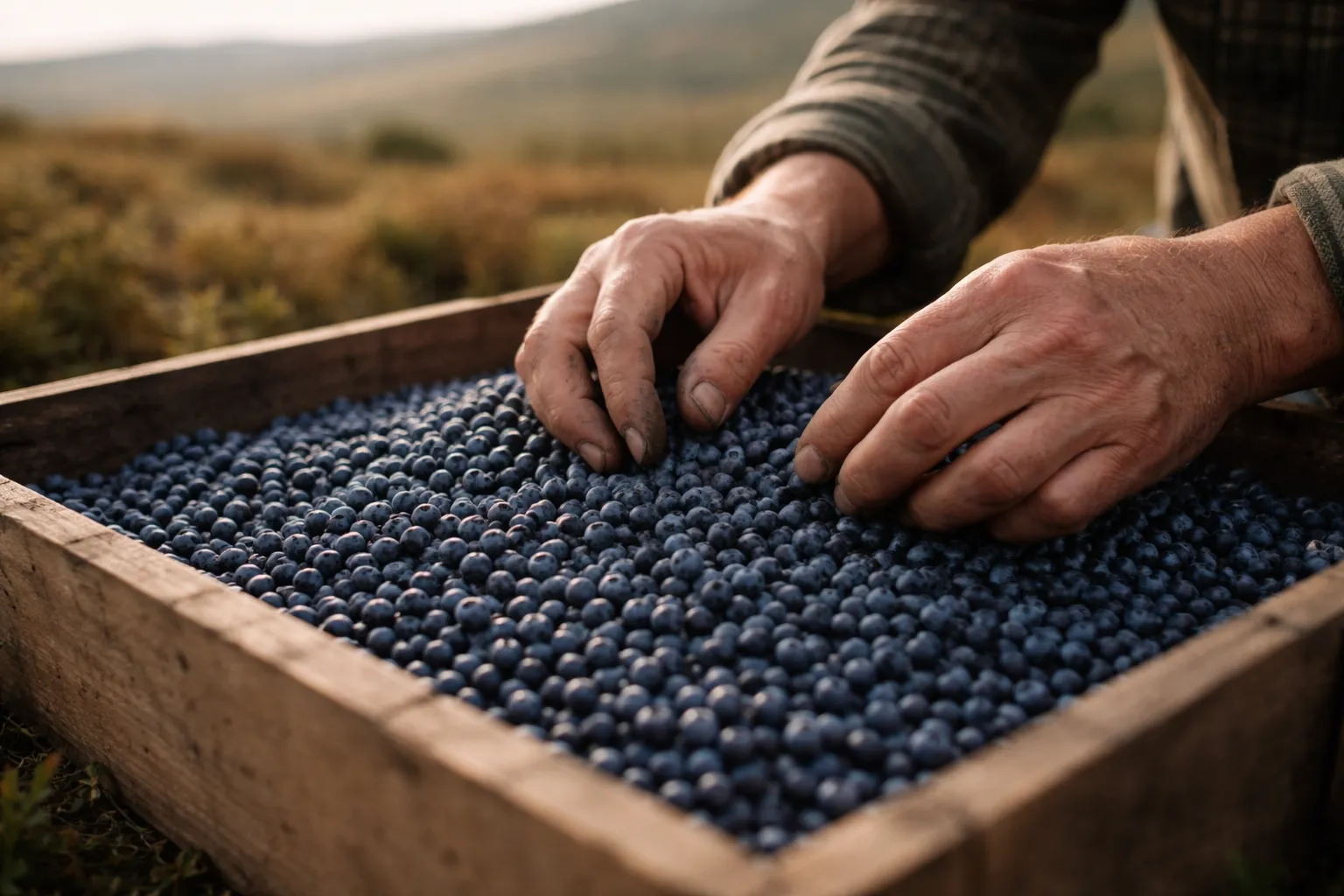 Des mains trient des myrtilles bleues dans une cagette en bois, avec des collines douces de moyenne montagne en arrière-plan