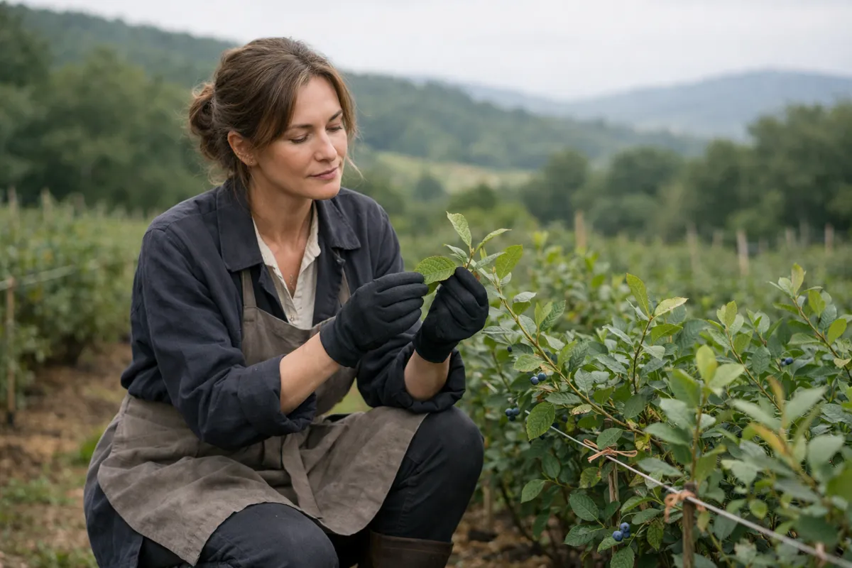 Une femme en veste de travail examine les feuilles d'un arbuste à petits fruits dans un verger de montagne