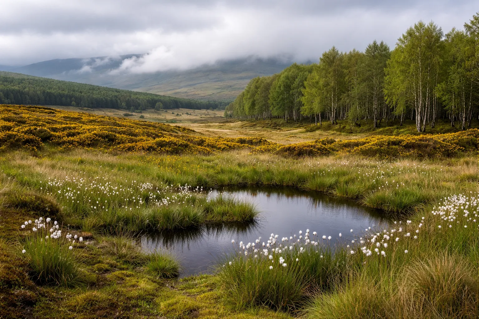 Paysage de plateau ondulé avec lande de genêts jaunes, tourbière au premier plan et lisière de bouleaux sous un ciel de nuages bas