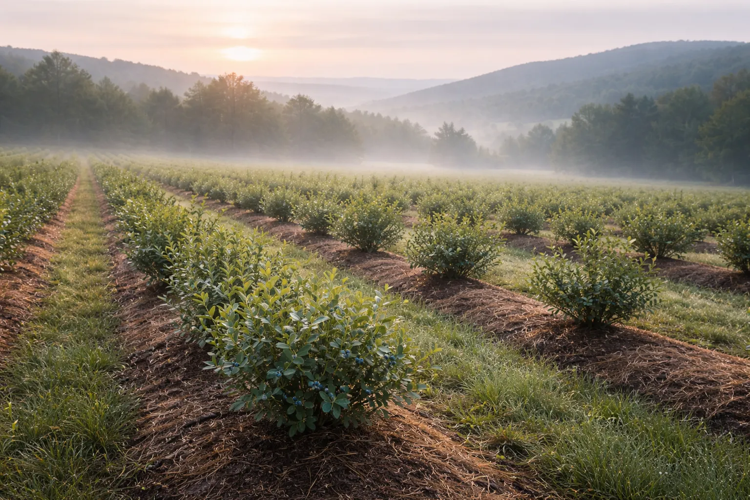 Rangs de jeunes myrtilliers sur une butte, dans une lande douce de moyenne montagne, au petit matin