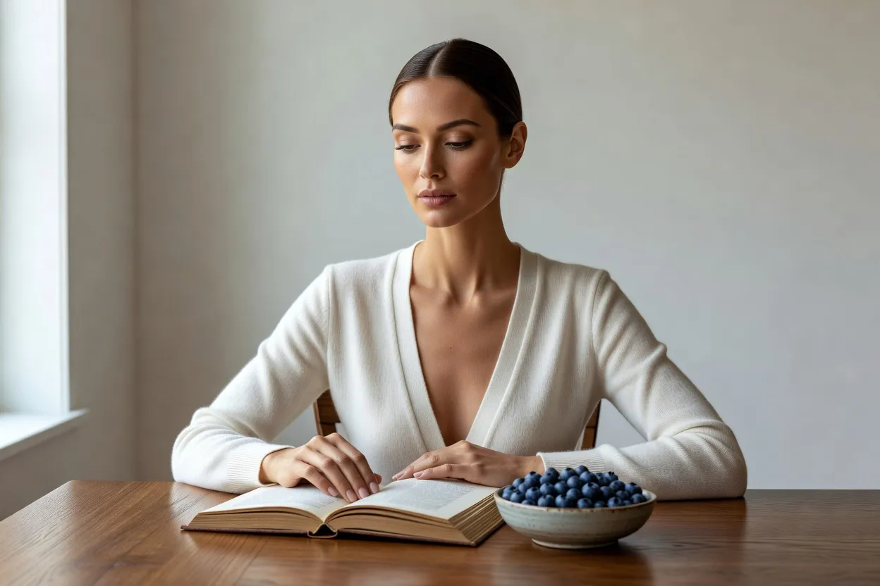 Une femme élégante, chemisier clair, feuillette un livre à une table près d'un bol de myrtilles