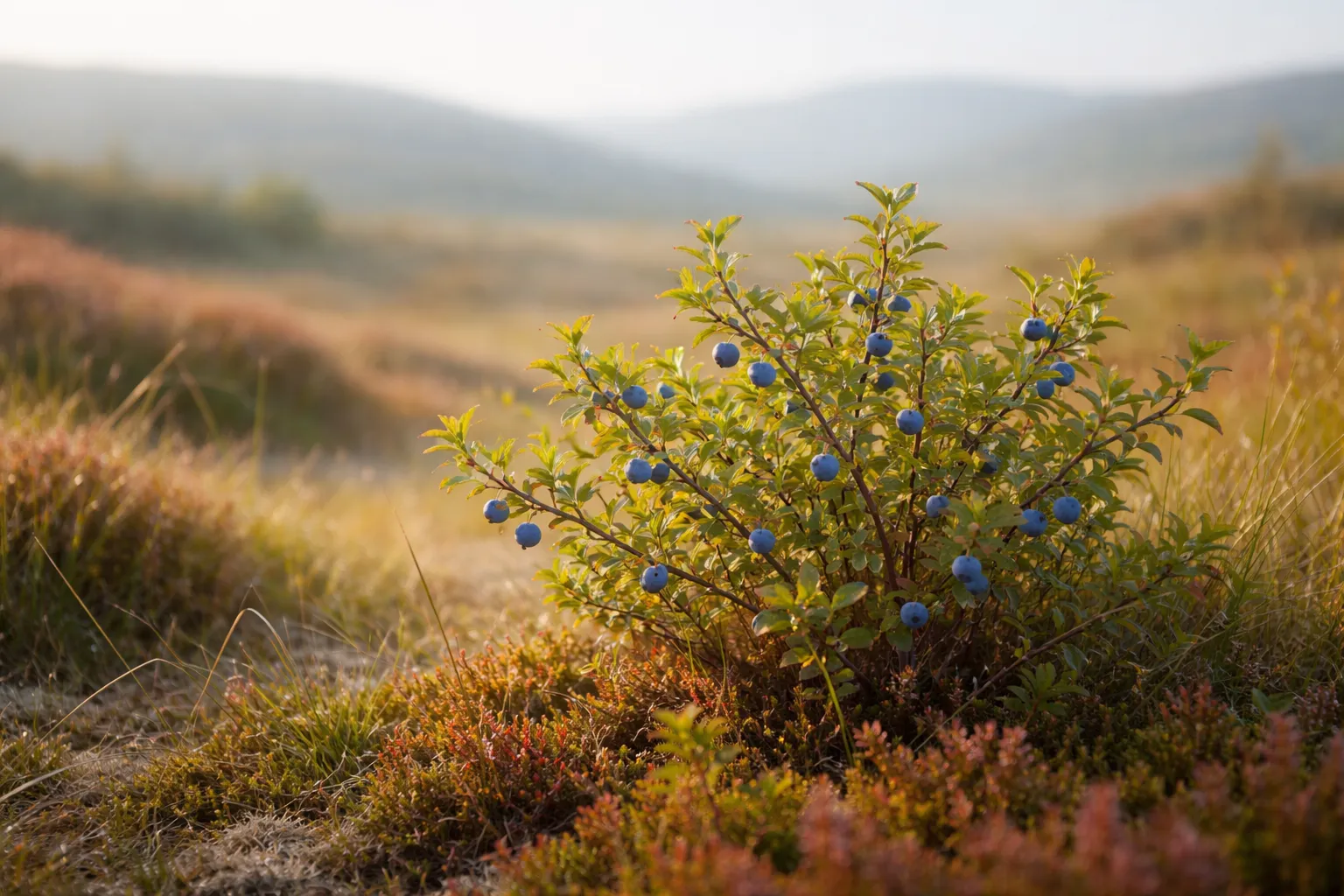 Myrtilles petites et éparses sur un plant bas de lande, collines douces en arrière-plan