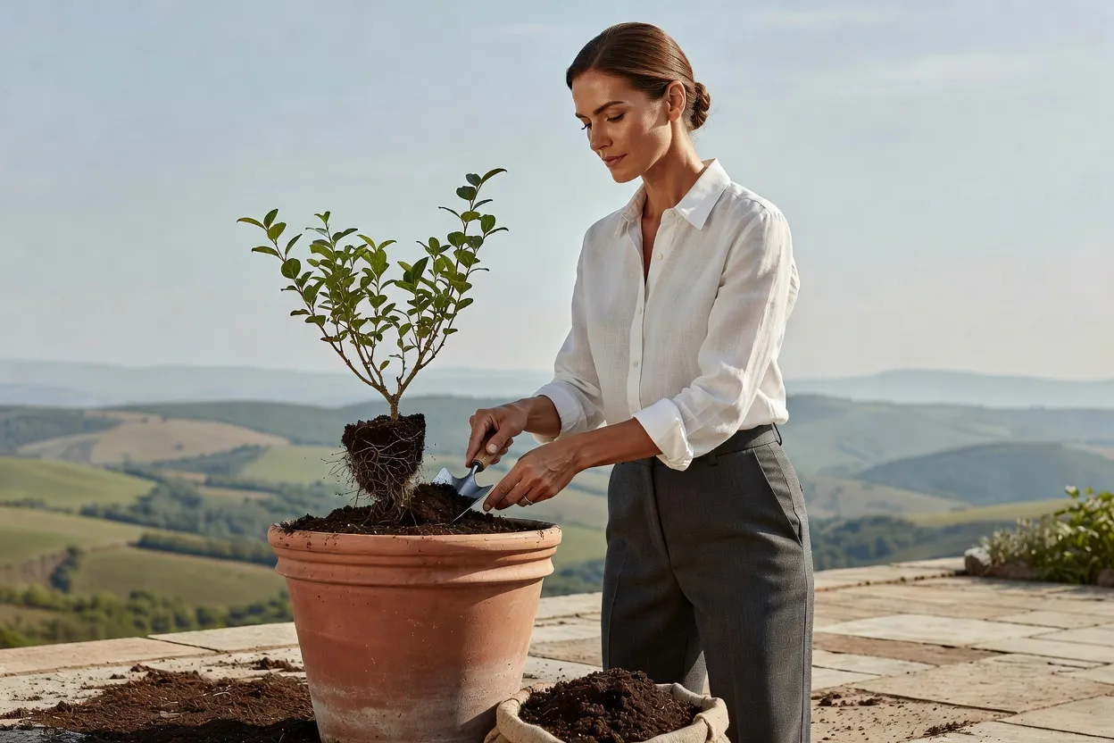 Femme élégante préparant un grand pot de substrat acide pour un myrtillier sur une terrasse