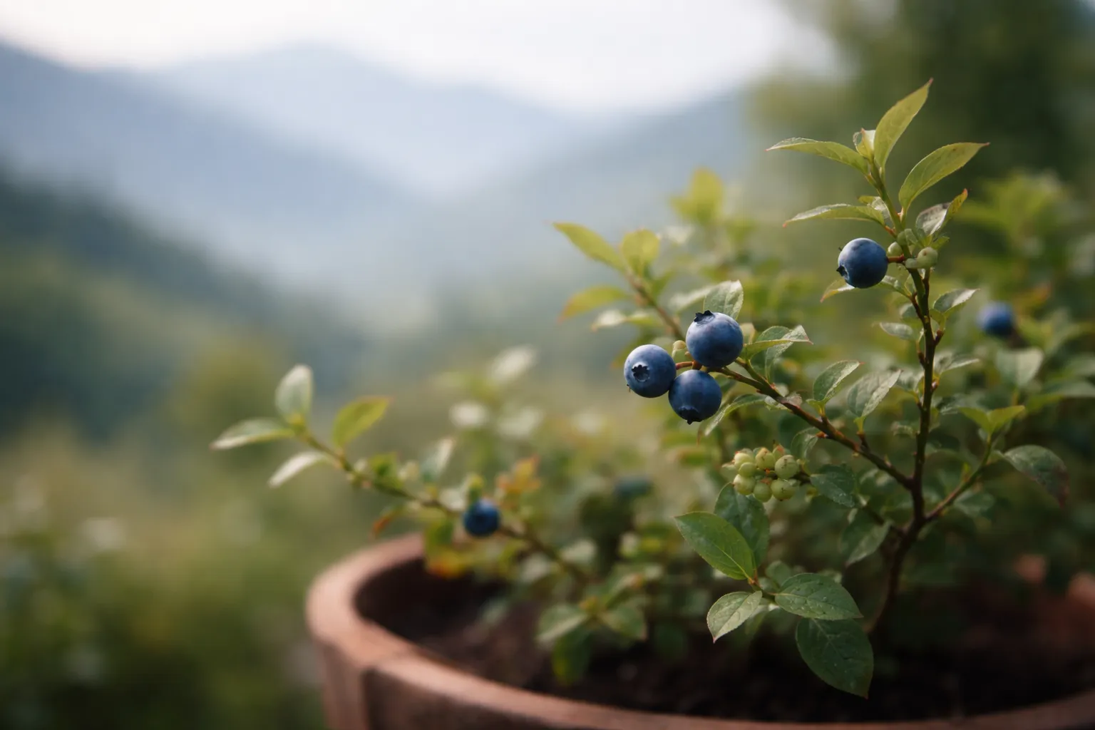 Gros plan de myrtilles mûres et éparses sur un myrtillier en pot avec paysage doux de moyenne montagne en arrière-plan