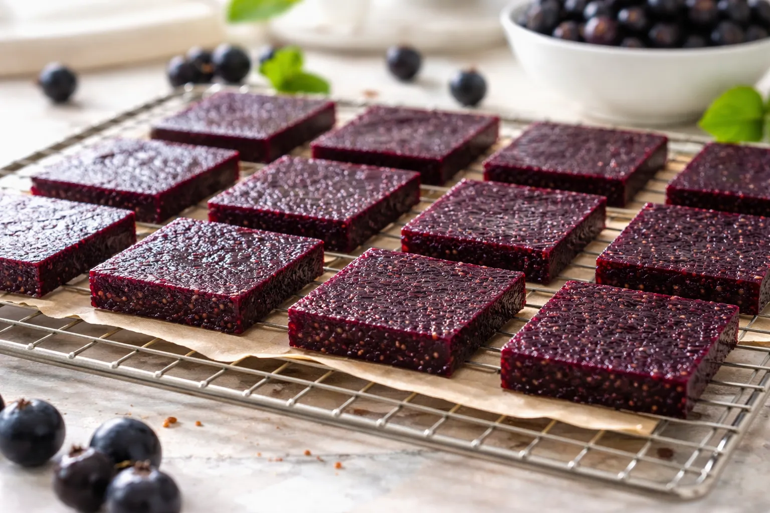 Gros plan sur des carrés de pâte de fruits au cassis séchant sur une grille, dans une cuisine lumineuse