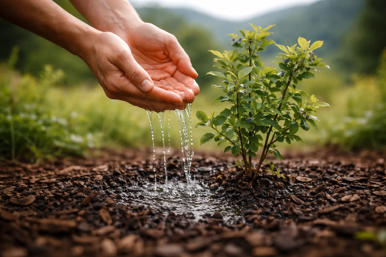 Gros plan sur des mains arrosant doucement le pied paillé d'un jeune myrtillier