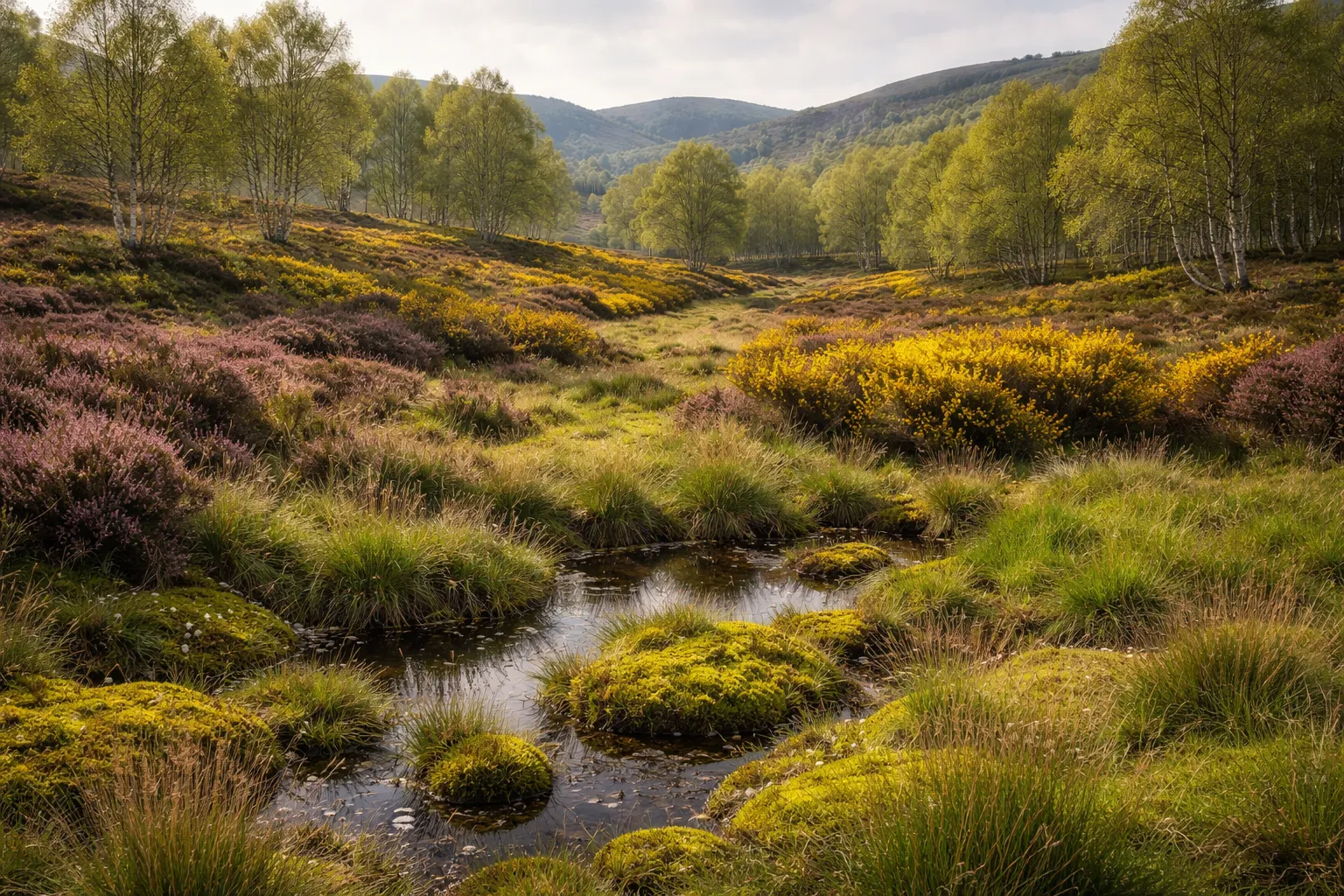 Paysage doux de moyenne montagne avec lande de bruyères, genêts en fleurs et bois clair de bouleaux