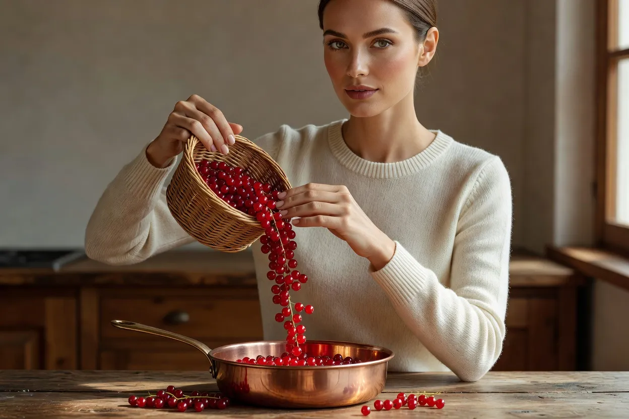 Une femme en pull de laine clair verse des groseilles rouges dans une bassine en cuivre, sur une table de cuisine en bois