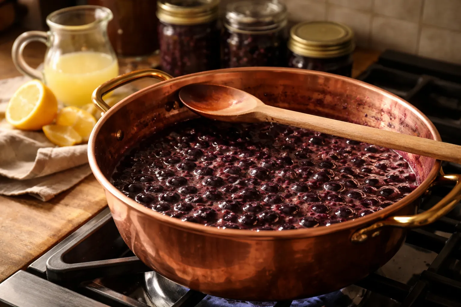 Une bassine à confiture en cuivre sur une plaque de cuisson, remplie de myrtilles qui cuisent doucement