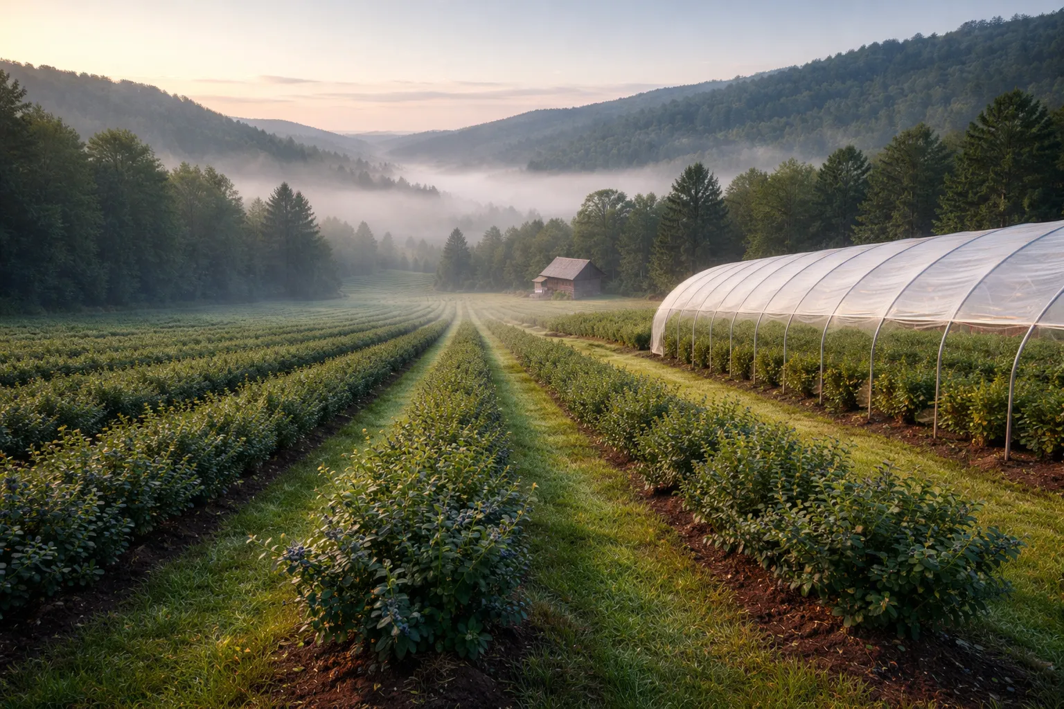 Rangs de myrtilliers et tunnel de framboisiers sur une pente douce de moyenne montagne au petit matin