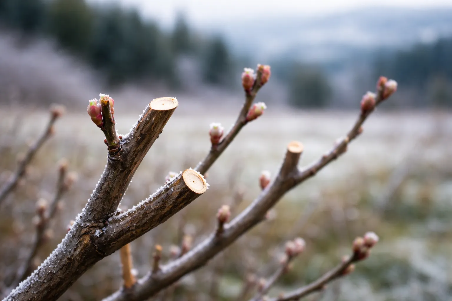 Branches de myrtillier fraîchement taillées avec bourgeons visibles en hiver