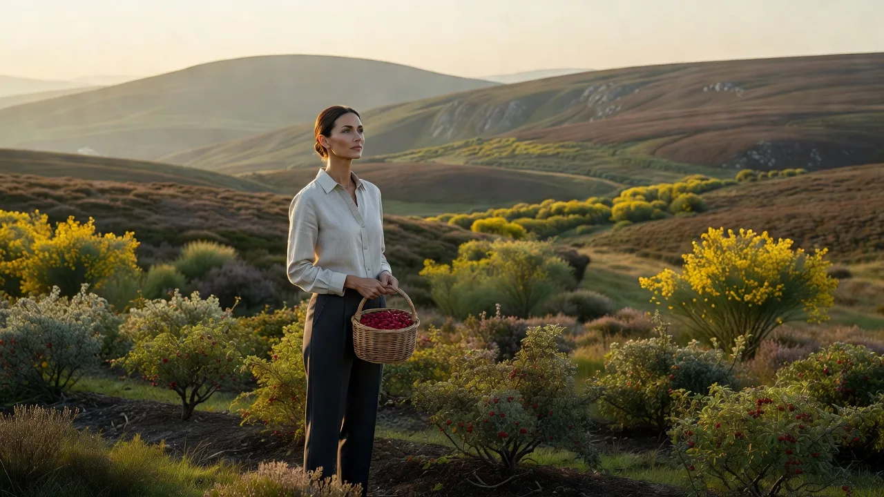 Une femme élégante en tenue sobre tient un panier de petits fruits rouges au bord d'un rang, sur un plateau de moyenne montagne au matin