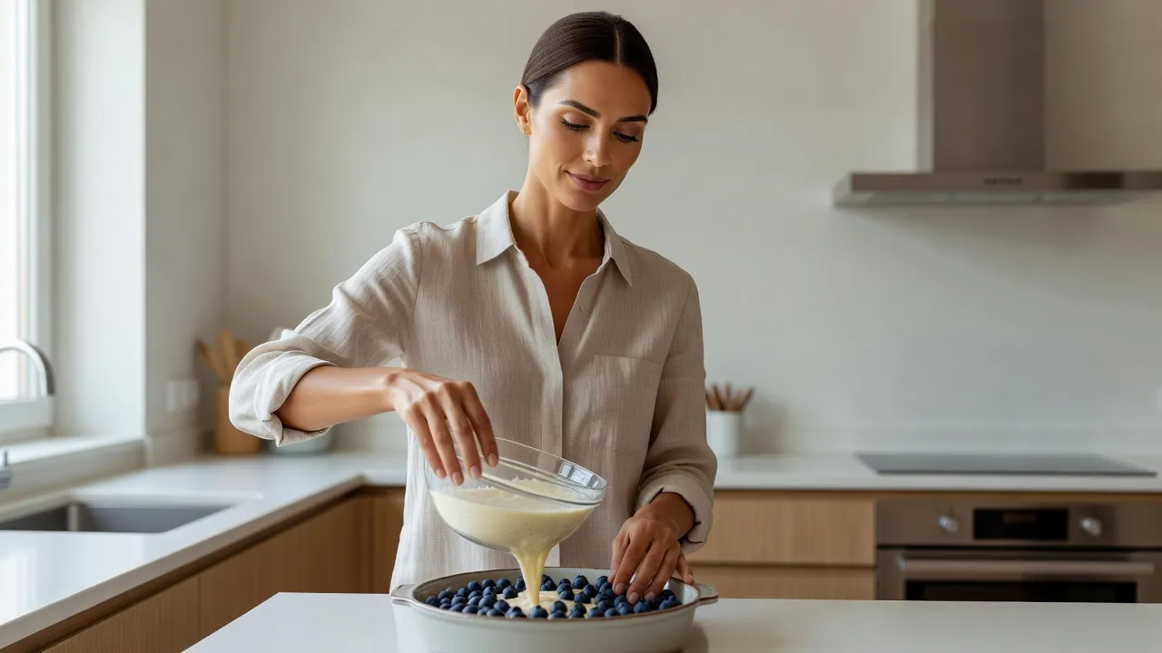 Femme élégante préparant un clafoutis aux myrtilles dans une cuisine lumineuse