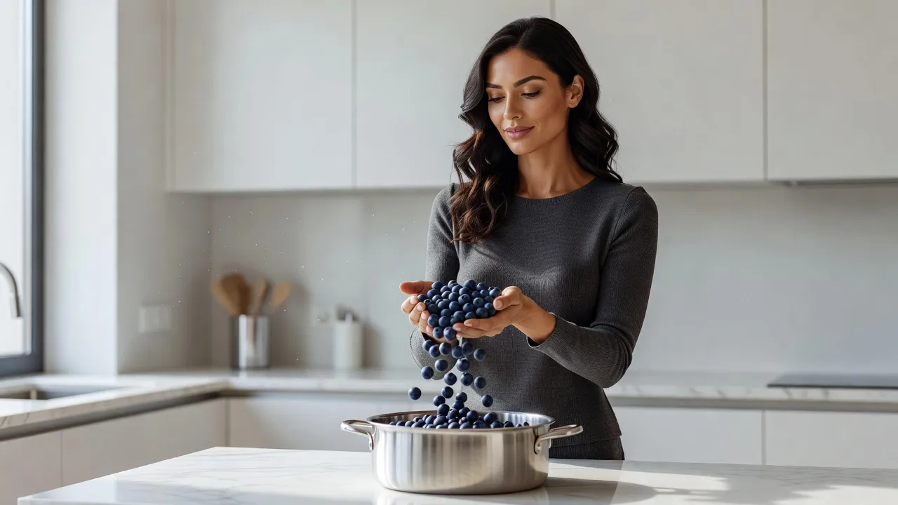 Femme élégante versant des myrtilles dans une bassine à confiture dans une cuisine lumineuse