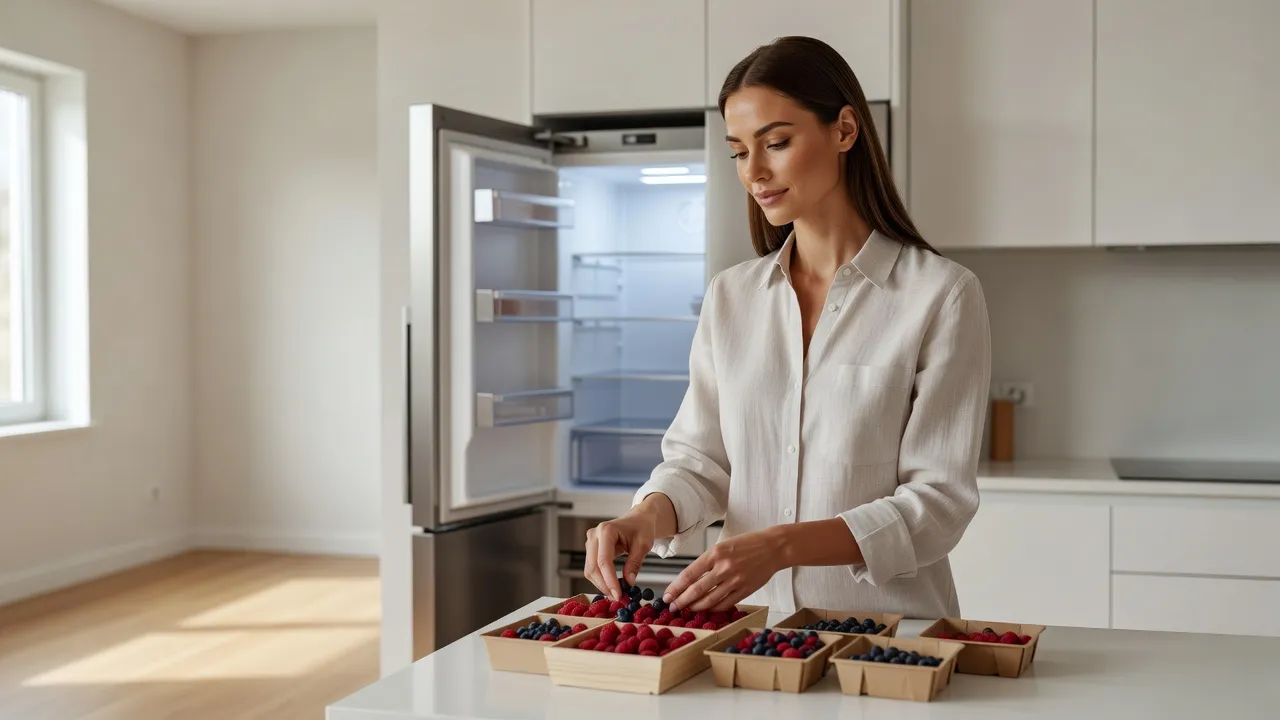 Femme élégante rangeant des petits fruits dans des boîtes peu profondes devant un réfrigérateur