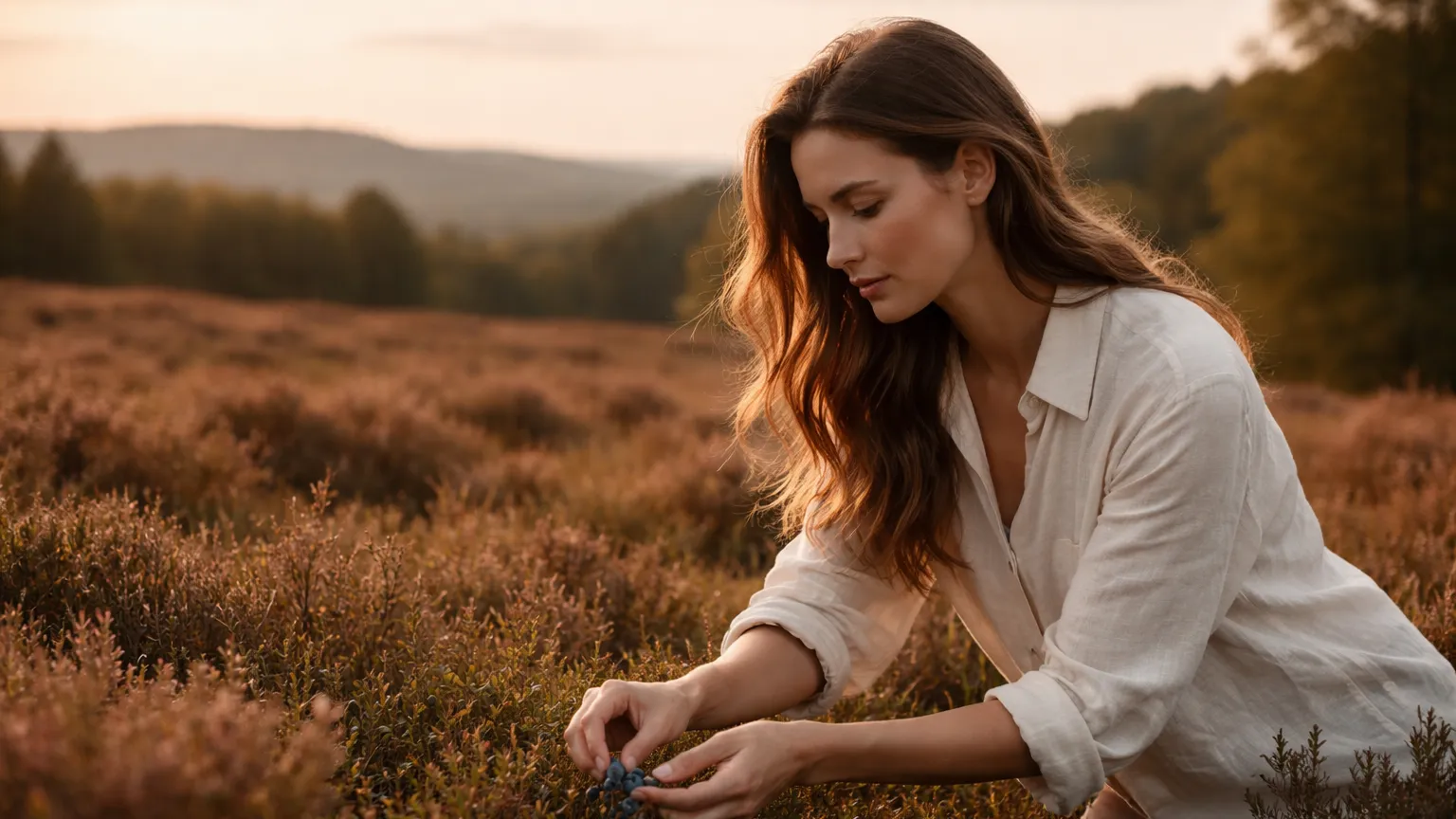 Une femme élégante en chemise de lin cueille des petits fruits bleus dans une lande de moyenne montagne, à l'aube