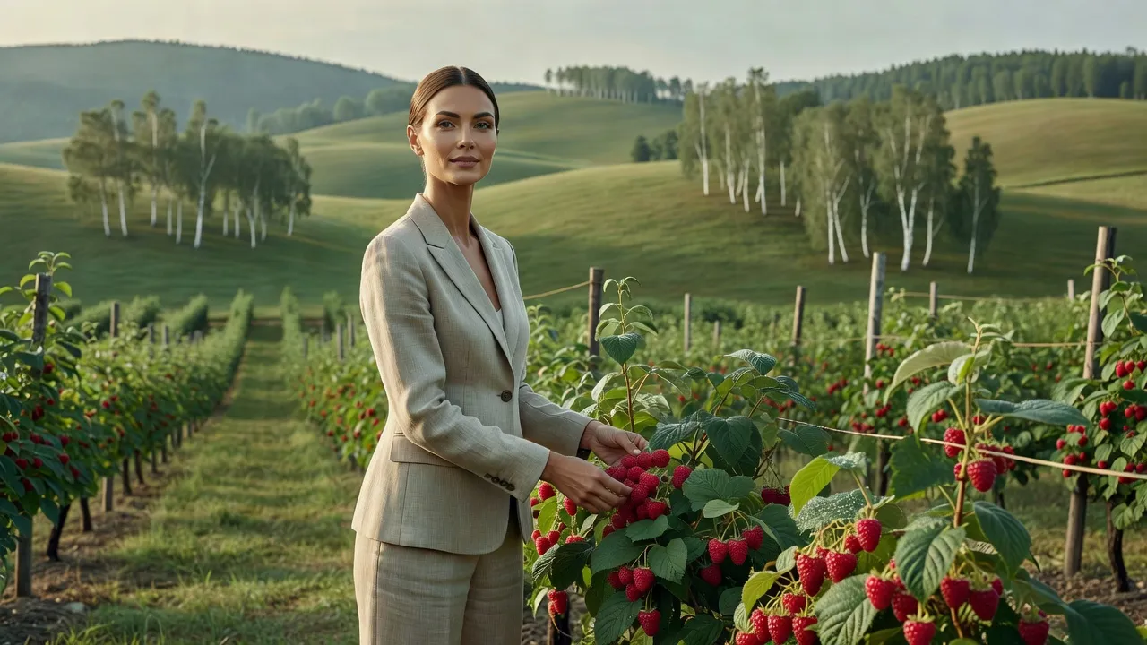 Femme élégante en veste de lin cueillant des framboises le long d'un rang palissé, dans un verger de moyenne montagne