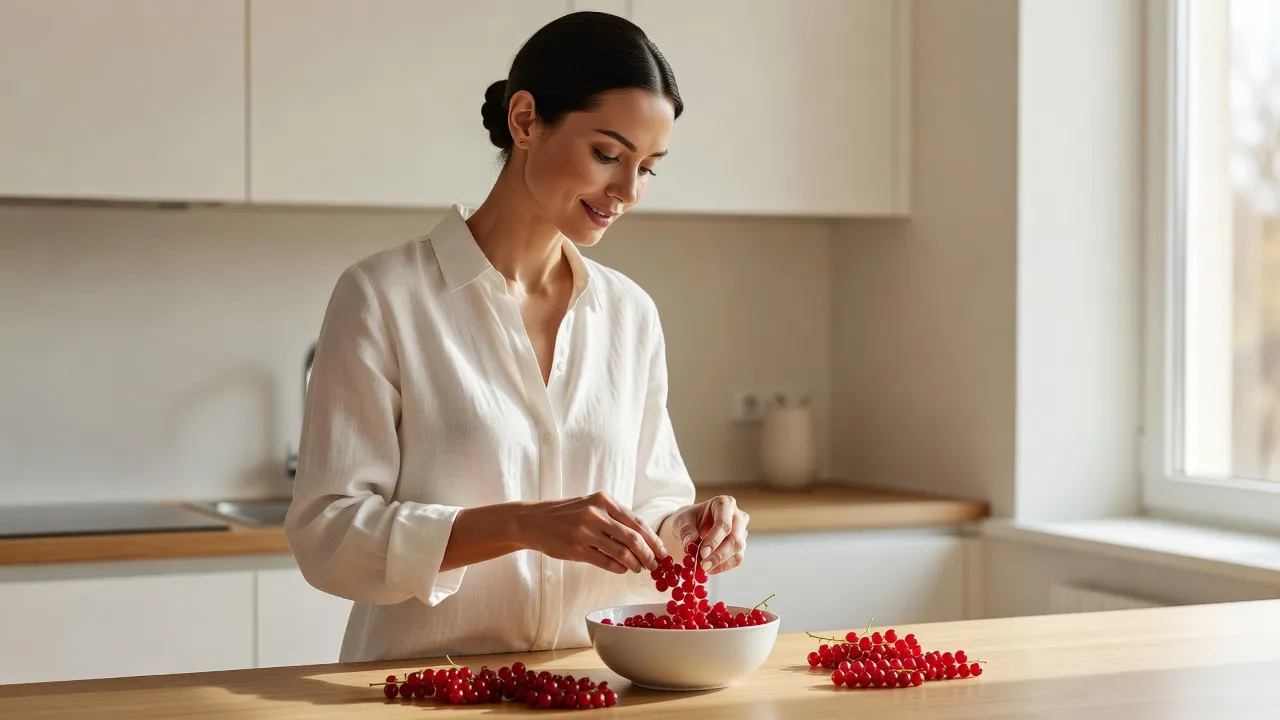 Femme élégante préparant des groseilles rouges dans une cuisine lumineuse
