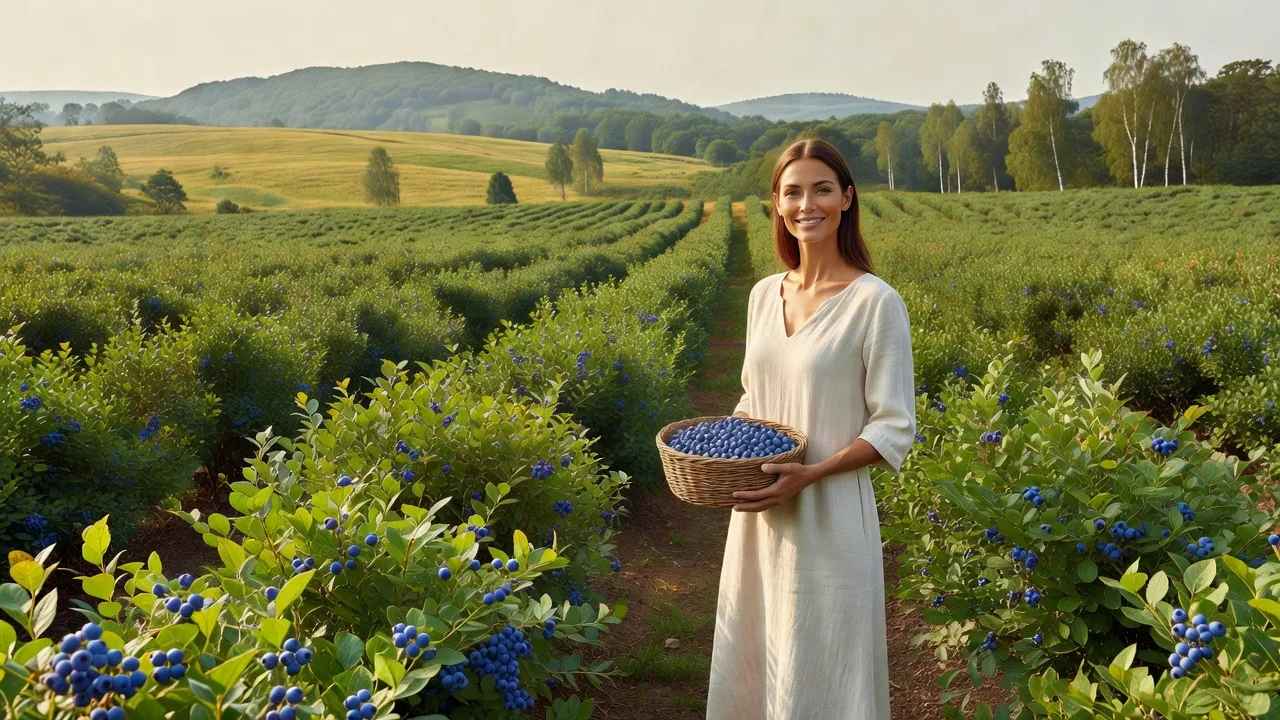 Une femme en robe de lin tient un panier de myrtilles entre deux rangs de myrtilliers, sur un plateau de bouleaux et de landes.