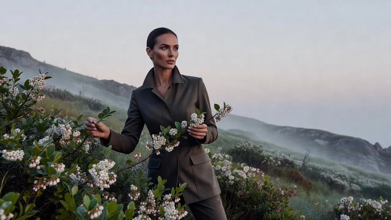 Conseillère en arboriculture, femme élégante en veste sobre, examinant un rameau de myrtillier en fleurs au petit matin