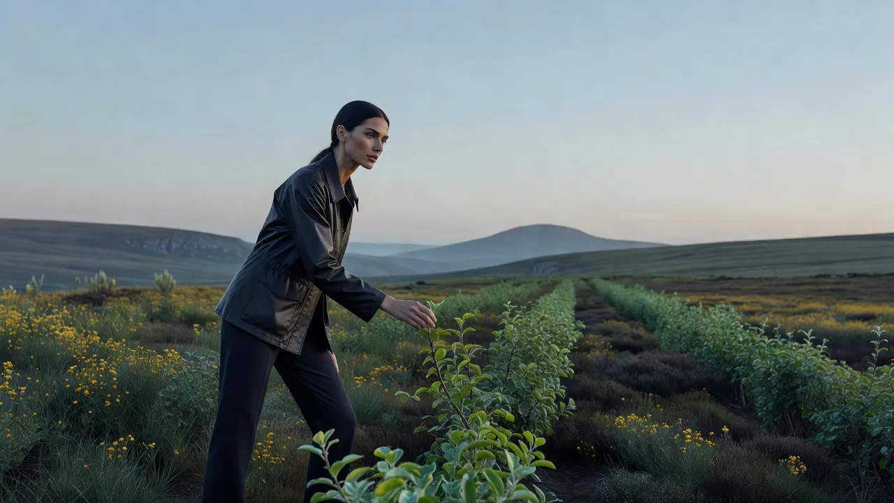 Une femme en veste cirée examine de jeunes feuilles entre deux rangs d'arbustes à petits fruits, à l'aube sur un plateau de moyenne montagne