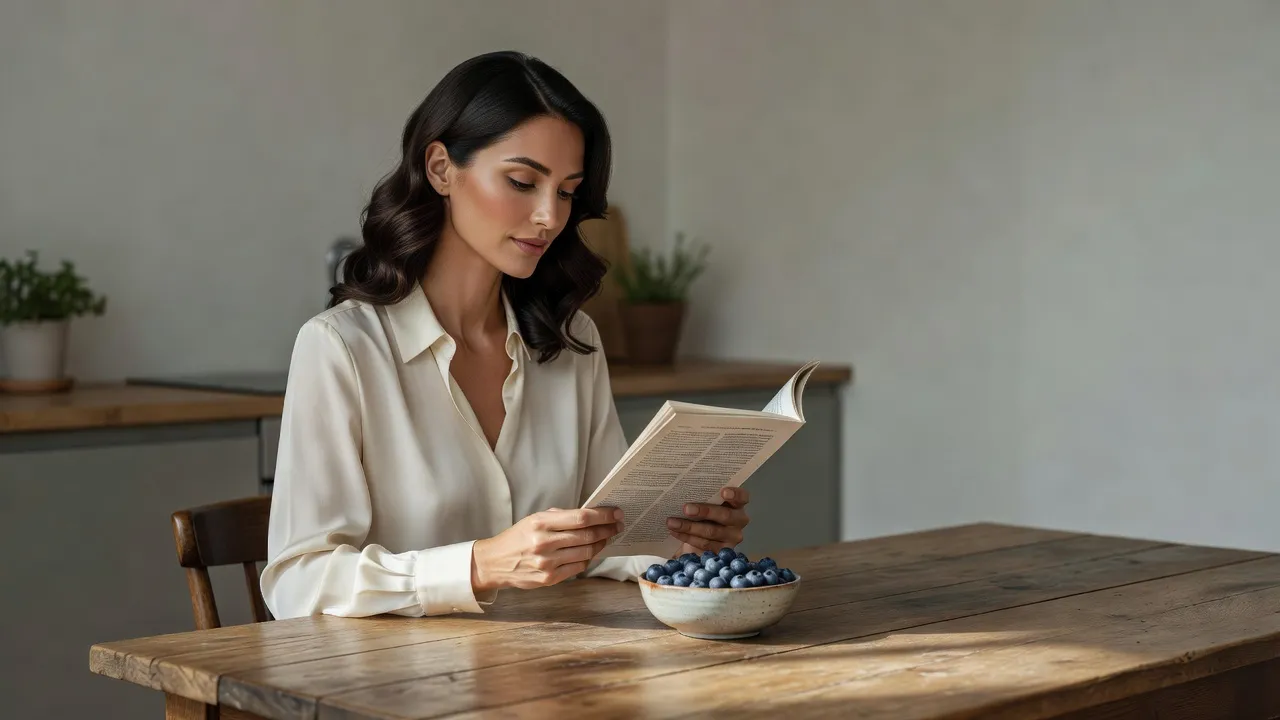 Une femme élégante en chemisier clair lit un article à une table de cuisine, un bol de myrtilles devant elle