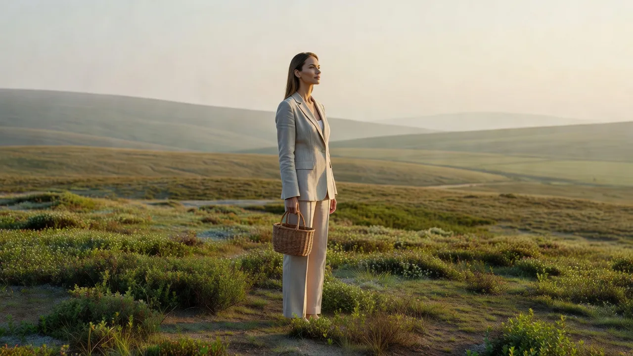 Femme élégante en tenue sobre, panier au bras, debout dans une lande de moyenne montagne couverte de petits buissons de myrtilles