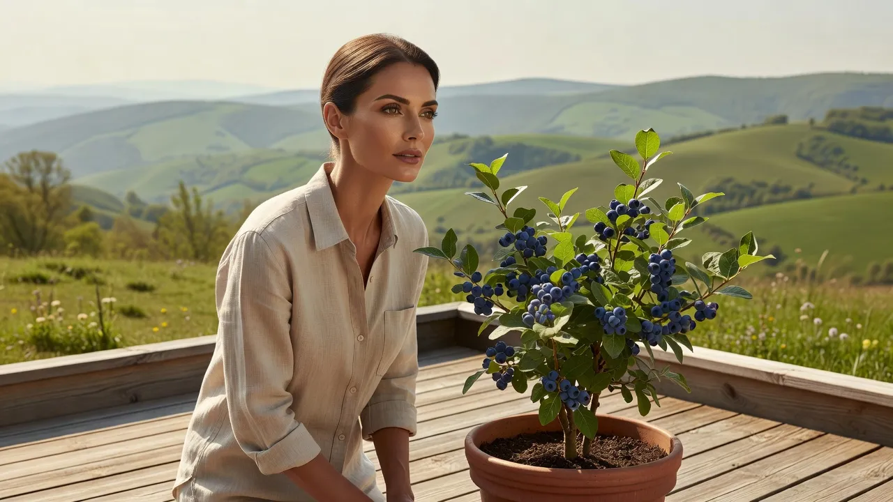 Femme élégante observant un myrtillier en pot sur une terrasse