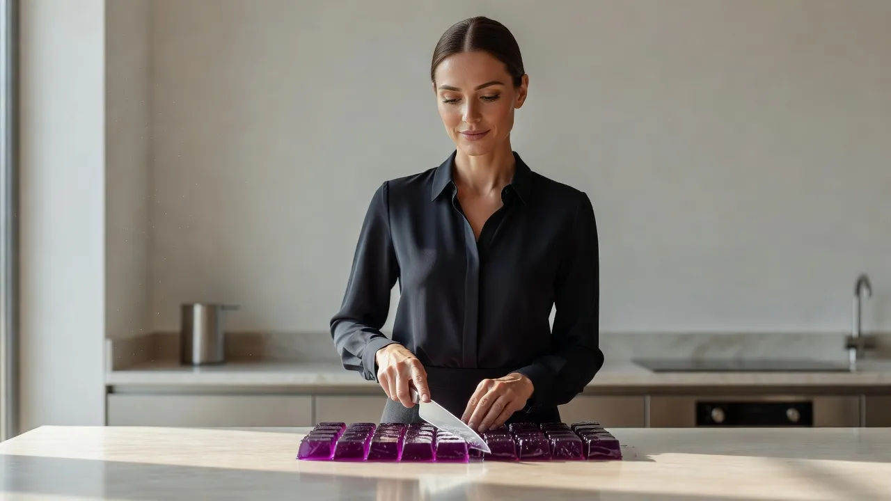 Femme élégante découpant des pâtes de fruits violettes sur un plan de travail de cuisine