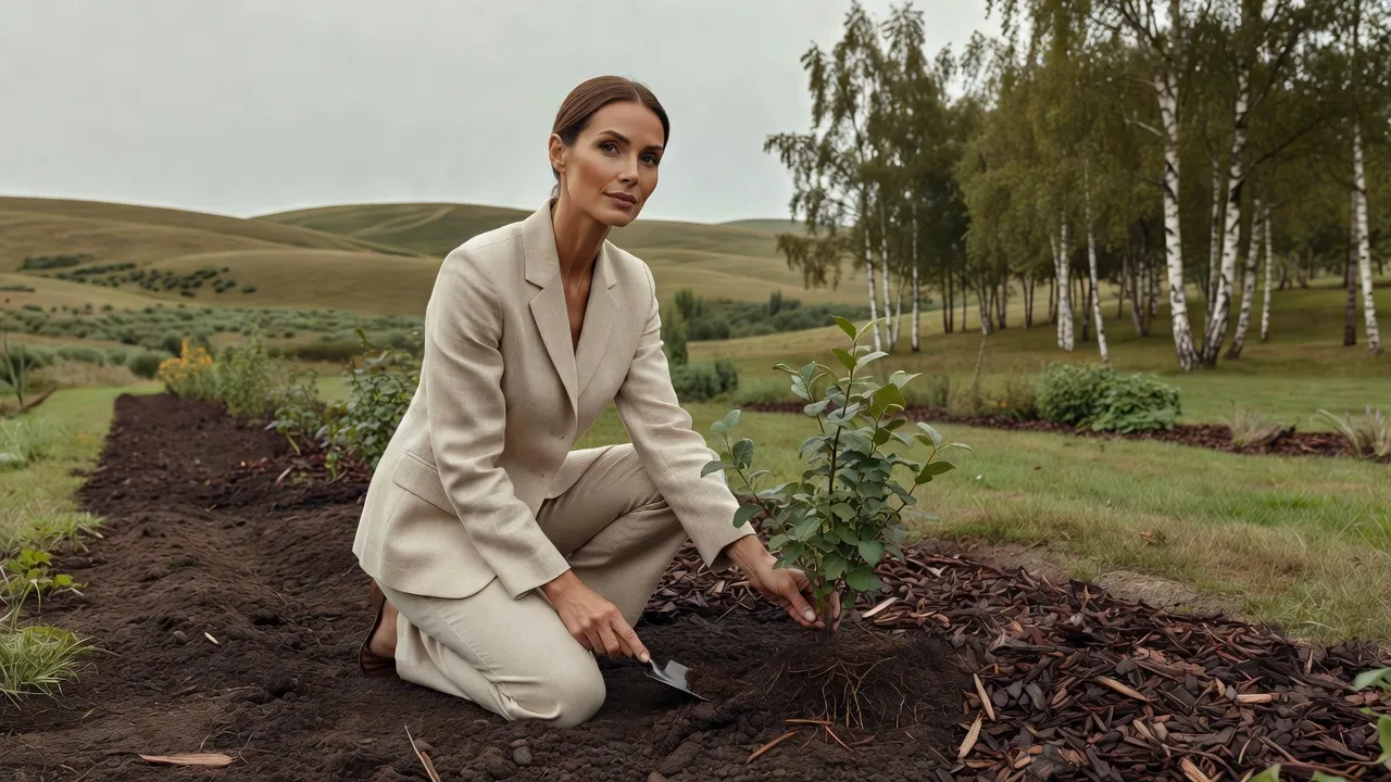 Femme élégante préparant une zone de plantation paillée pour un myrtillier dans un jardin de moyenne montagne