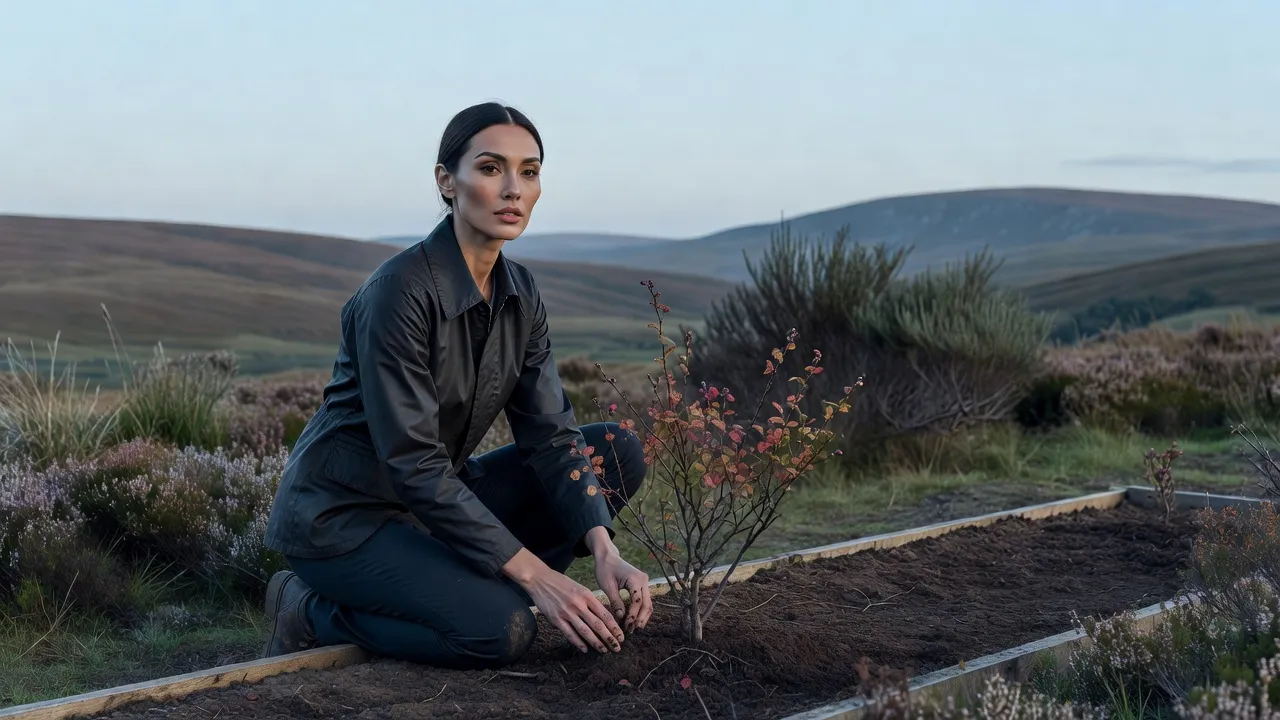 Femme élégante en veste de coton ciré plantant un jeune myrtillier sur une lande de moyenne montagne en fin d'automne